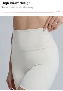 Close-up detail of beige high-waisted yoga shorts showing the compression waistband.