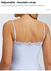 Close-up back detail of light blue lace bodysuit with adjustable thin shoulder straps