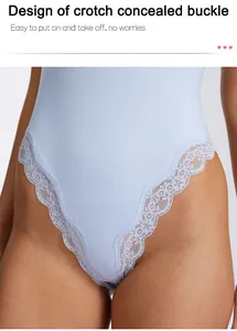 Detailed view of light blue lace yoga bodysuit with crotch concealed buckle design