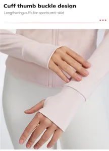 Close-up detail of thumb hole cuffs on a light pink slim-fit quick-dry yoga jacket for women.