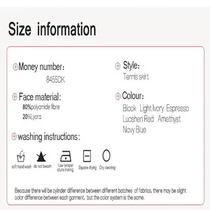 Fabric material details and washing care instructions for quick-dry tennis skirt