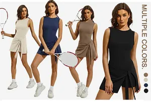 Detailed view showing sleeveless tennis dress with wrap front skirt and built-in shorts