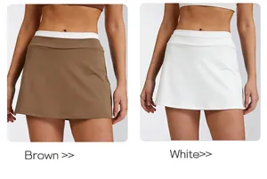 Detailed comparison of high-waisted sports tennis skirts in brown and white color options.