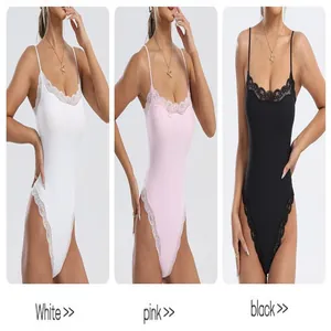 Sexy lace trim bodysuits in white, pink and black colors with slim fit adjustable straps