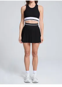 Breathable black tennis skirt and striped crop top set for outdoor fitness and yoga