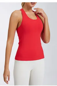 Detail view of a red quick-dry yoga tank top featuring ribbed texture and a slim fit design
