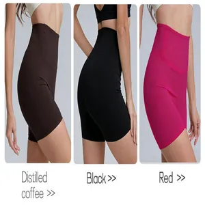 High-waist peach lift yoga shorts for women available in coffee, black, and red colors.