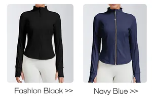 Front view comparison of women's slim fit stand collar yoga jackets in black and navy blue