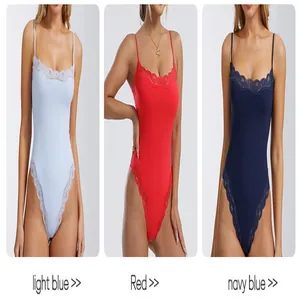 Sexy lace-trimmed bodysuit with adjustable straps in light blue, red, and navy blue