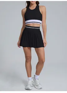 Full view of breathable black tennis skirt and high-waist sports top set for women