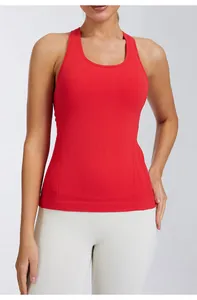 Close-up of red racerback yoga tank top with fitted silhouette and high elasticity