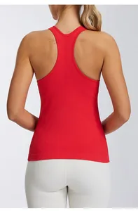 Back view of a red racerback yoga tank top showing high-elasticity knitted fabric texture