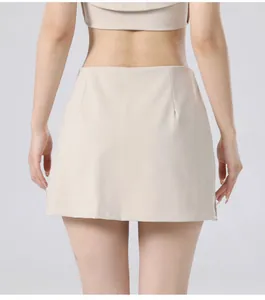 Back view of high-waist quick-dry athletic tennis skirt in beige soft breathable fabric