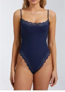 Elegant navy blue lace-trimmed bodysuit featuring adjustable thin spaghetti straps