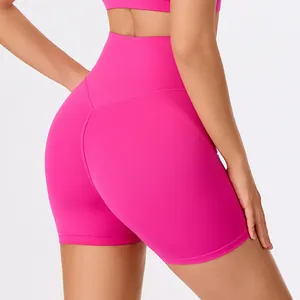 High-waisted quick-dry yoga shorts in vibrant pink for women's fitness, yoga and running