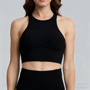 Detailed front view of black ribbed high-neck sports bra for high-impact yoga and fitness