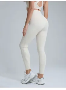 Detailed view of high-waisted nude-feel yoga leggings showing slim fit and back design.