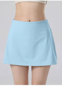 Detail shot of a light blue high-waisted athletic tennis skirt for yoga and fitness