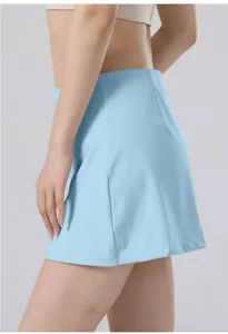 Side view of quick-dry light blue tennis skirt with high waist and smooth fabric