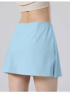 Detailed back view of a high-waisted light blue quick-dry yoga tennis skirt for sports