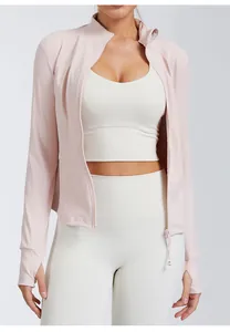 Detailed view of women's slim-fit quick-dry yoga jacket with stand-up collar and thumbholes