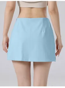Detailed back view of a high-waisted quick-dry athletic yoga tennis skirt in light blue color