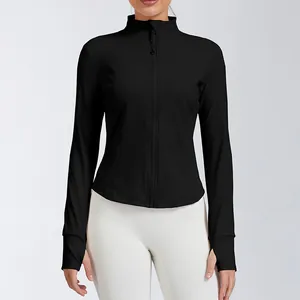 Front view of a slim-fit black yoga jacket with a stand collar and full zipper