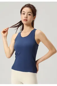 Close-up of a slim fit navy blue sports yoga tank top with a round neck on model