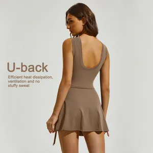 Women Integrated Tennis Dress Cross Hem Athletic One-Piece Dress With Built-in Shorts Sleeveless U-Back Yoga Fitness Workout Sportswear
