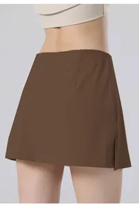 Detailed back view of a high-waisted quick-dry brown athletic tennis skirt for yoga.