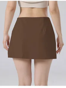 Detailed back view of a brown high-waist quick-dry tennis yoga skirt for women fitness