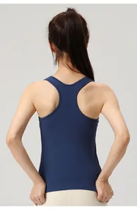 Detailed back view of a navy blue racerback yoga tank top showing high stretch fabric