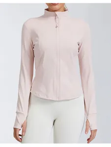 Slim-fit quick-dry yoga jacket with stand-up collar and thumbholes in soft pink color