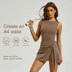 Sleeveless one-piece brown tennis skirt with wrap tie waist for professional outdoor sports