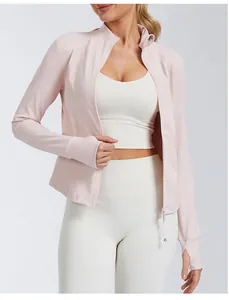 Slim fit quick-dry women's yoga jacket with thumbholes and stand collar in light pink