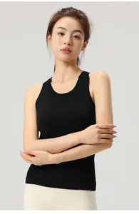 Close-up of black slim fit yoga tank top with built-in chest pads for sports activities