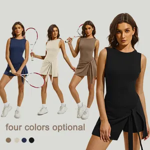 One-piece tennis dress with cross hem and built-in shorts in four optional colors.
