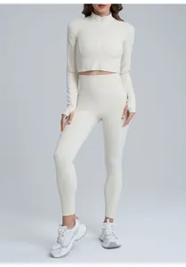 Full-body view of women's off-white breathable yoga set with jacket and leggings