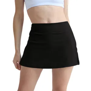 High-waisted black athletic tennis skirt with breathable and stretchy fabric for fitness