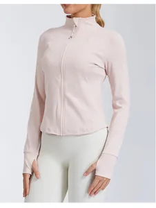 Professional slim fit zip-up yoga jacket with stand collar and thumb holes in light pink