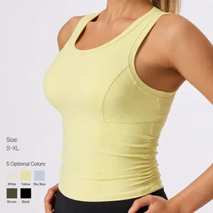 Pale yellow quick-dry sports yoga tank top with side ruching and slim fit design