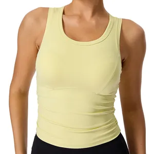 Slim fit light yellow ruched sports tank top with fixed pads for yoga and fitness gym wear