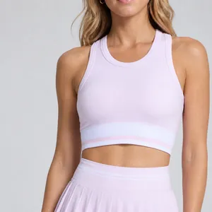 Camiseta de Tirantes Deportiva Sin Costuras para Mujer Espalda Nadadora Dobladillo en Contraste Chaleco de Yoga Acanalado Ropa Deportiva