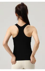 Rear view of slim black yoga tank top with racerback design for sports