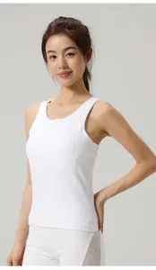 Breathable white slim fit yoga tank top with round neck shown on an Asian model vest