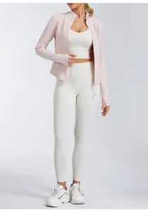 Professional women's slim fit stand collar long sleeve yoga jacket with zipper in pale pink