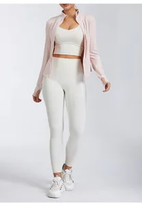 Slim-fit quick-dry stand collar yoga jacket with front zipper and long sleeves for women