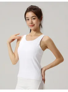 White round neck slim-fit yoga tank top with padded support and ribbed side details