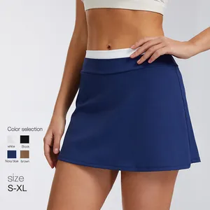 Navy blue high-waisted tennis skort with white ribbed waistband for women sports