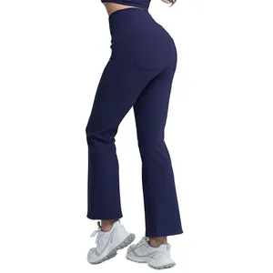 Pantalon de yoga évasé bleu marine à taille haute avec design push-up et séchage rapide